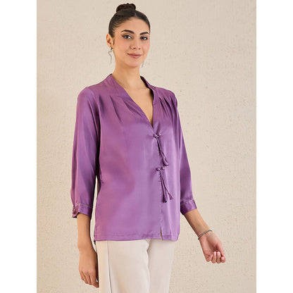 First Resort by Ramola Bachchan Purple Crystal Embellished Satin Top With Bow Detail