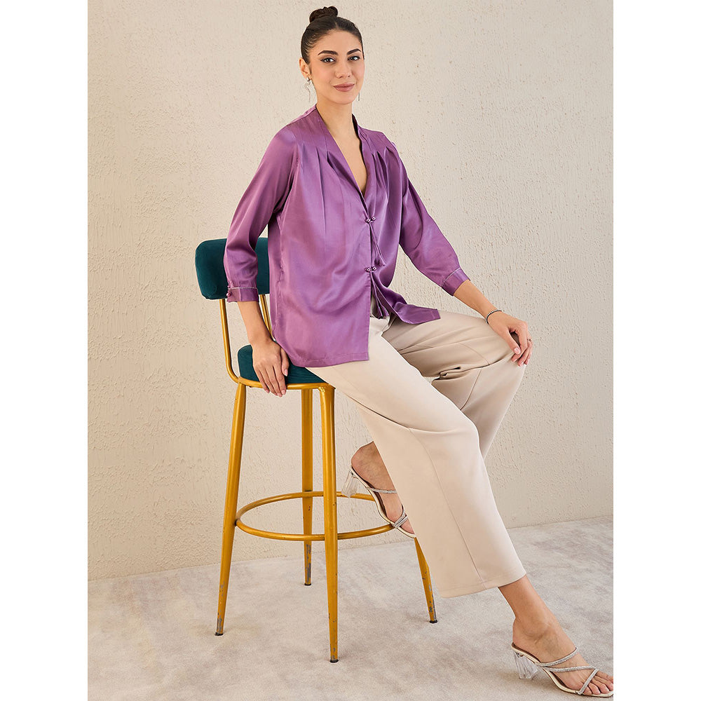 First Resort by Ramola Bachchan Purple Crystal Embellished Satin Top With Bow Detail