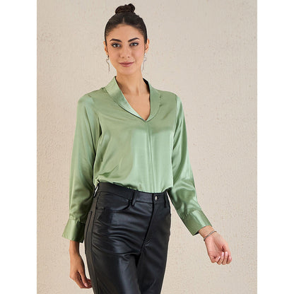 First Resort by Ramola Bachchan Tea Green Shawl Collar Satin Top