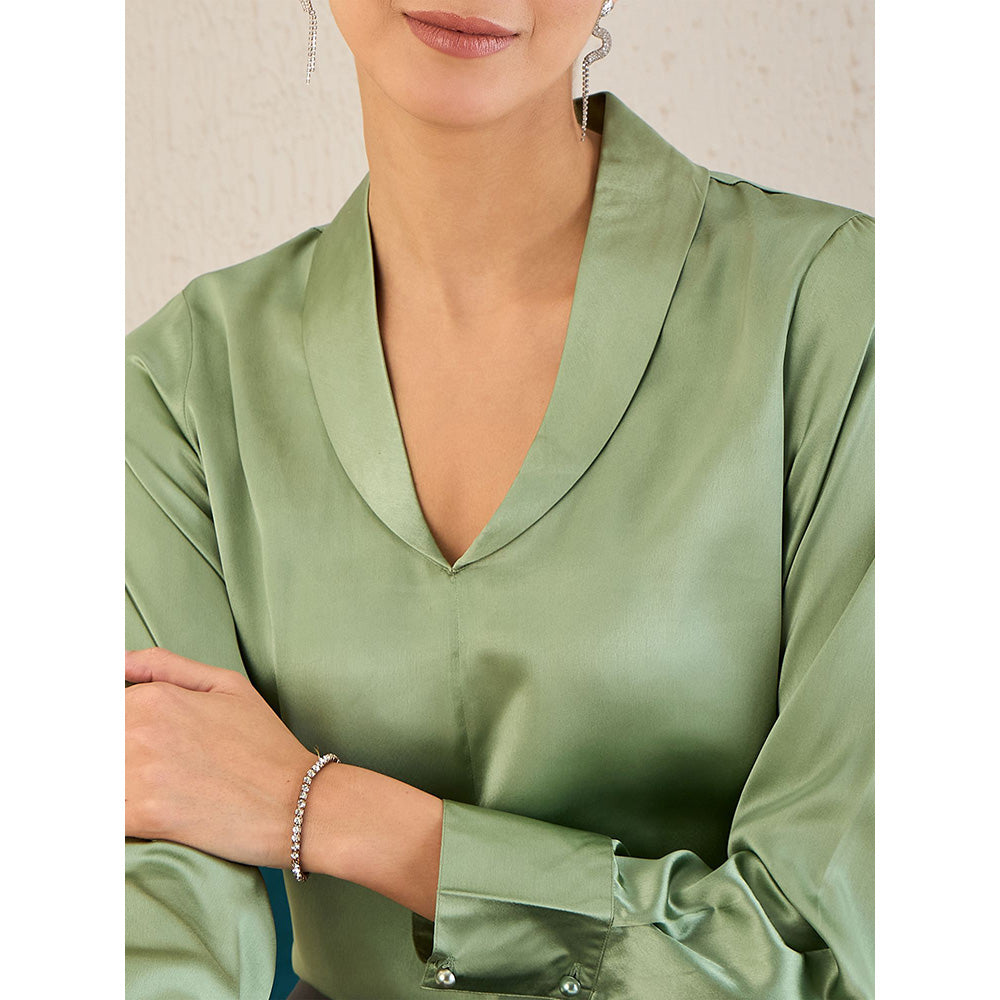 First Resort by Ramola Bachchan Tea Green Shawl Collar Satin Top