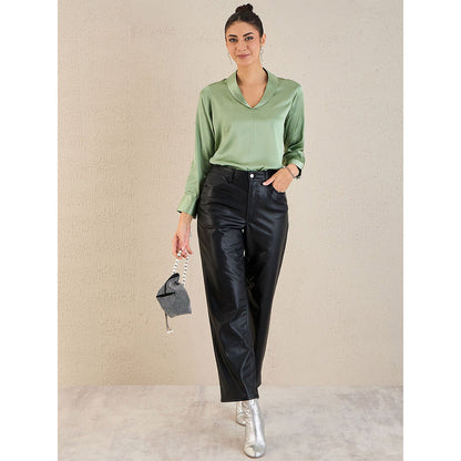 First Resort by Ramola Bachchan Tea Green Shawl Collar Satin Top