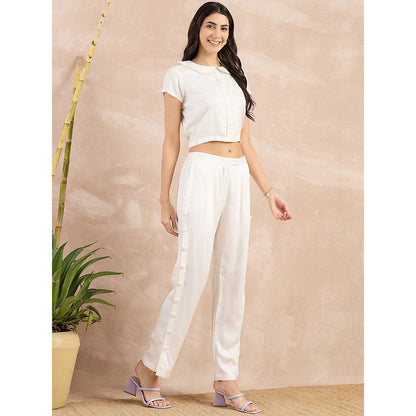 First Resort by Ramola Bachchan Off White Herringbone Crop Shirt
