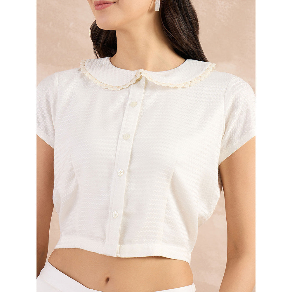 First Resort by Ramola Bachchan Off White Herringbone Crop Shirt