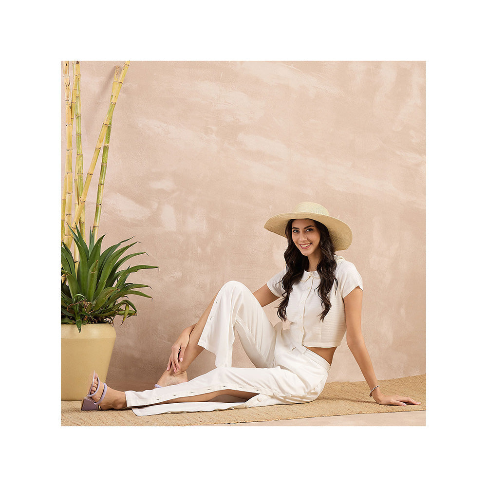 First Resort by Ramola Bachchan Off White Herringbone Crop Shirt
