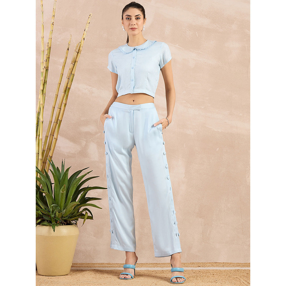 First Resort by Ramola Bachchan Sky Blue Herringbone Crop Shirt