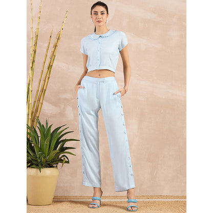 First Resort by Ramola Bachchan Sky Blue Herringbone Crop Shirt