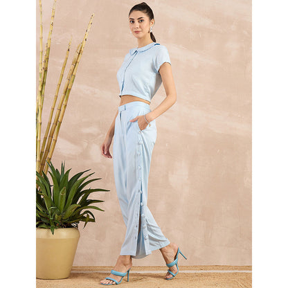 First Resort by Ramola Bachchan Sky Blue Herringbone Crop Shirt