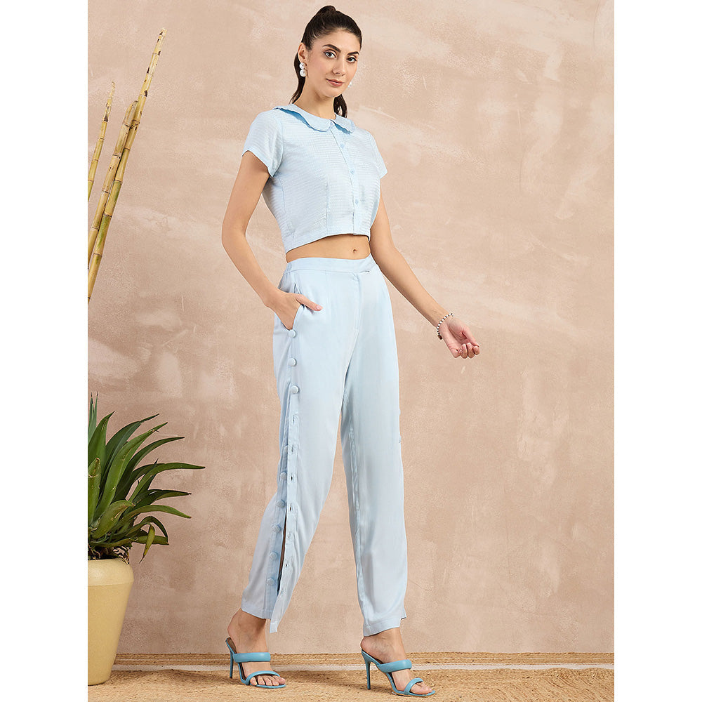 First Resort by Ramola Bachchan Sky Blue Herringbone Crop Shirt