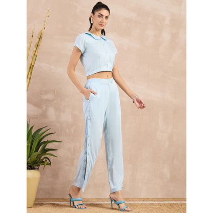 First Resort by Ramola Bachchan Sky Blue Herringbone Crop Shirt