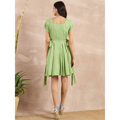 First Resort by Ramola Bachchan Pastel Green Herringbone Side Strap Short Dress