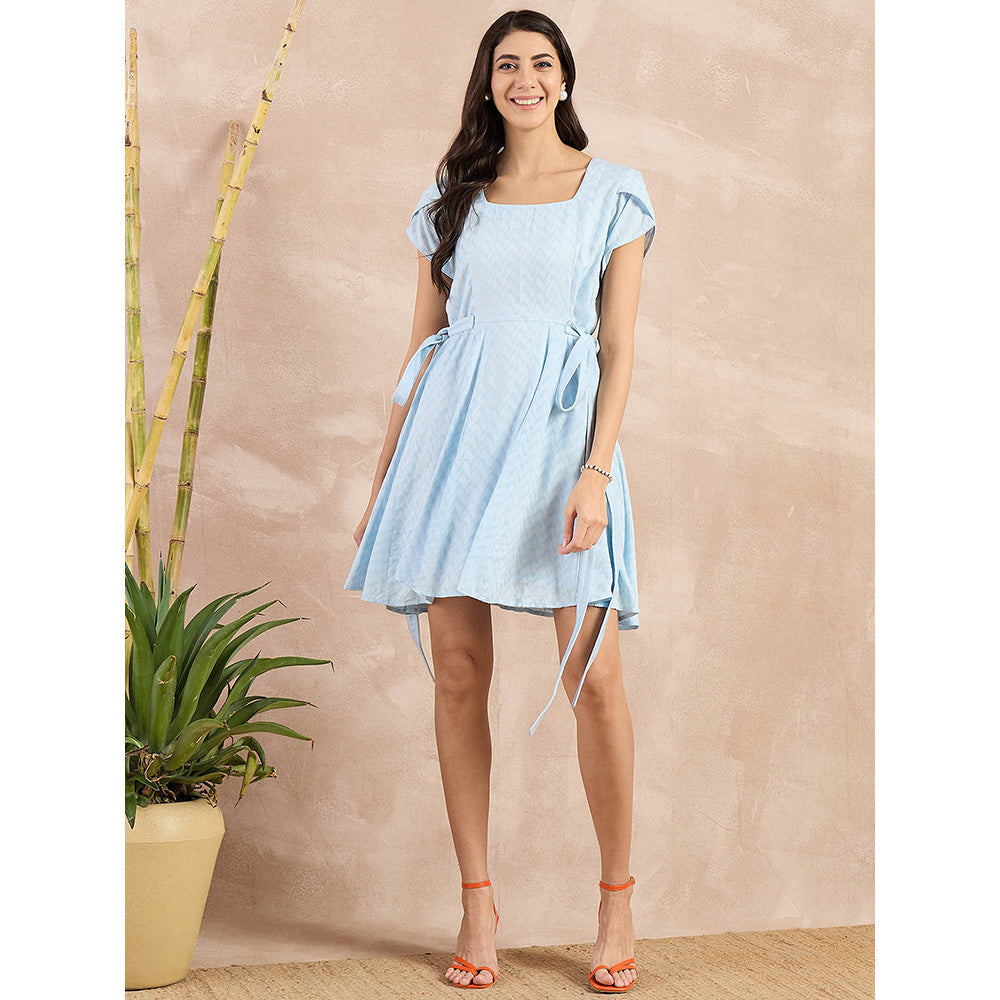 First Resort by Ramola Bachchan Sky Blue Herringbone Side Strap Short Dress
