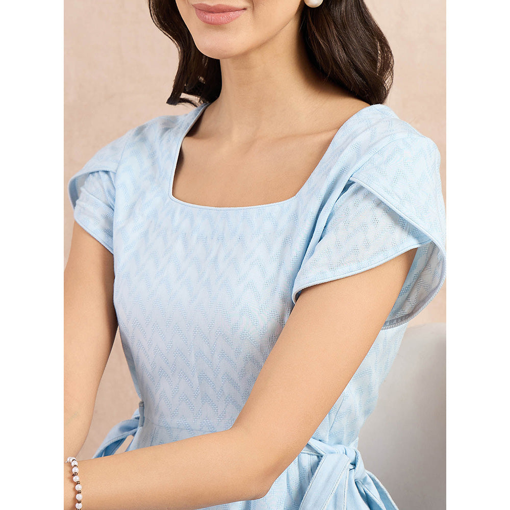 First Resort by Ramola Bachchan Sky Blue Herringbone Side Strap Short Dress