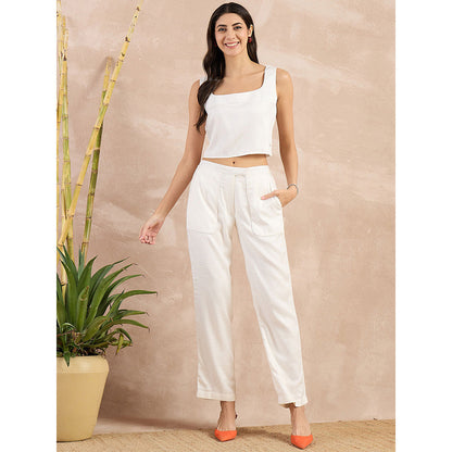 First Resort by Ramola Bachchan White Herringbone Straight Trouser
