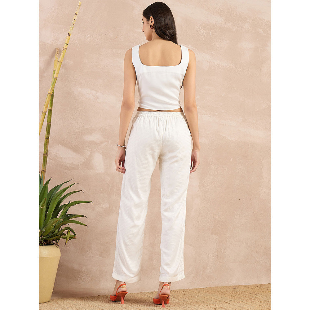 First Resort by Ramola Bachchan White Herringbone Straight Trouser