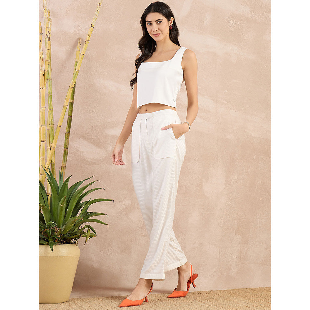 First Resort by Ramola Bachchan White Herringbone Straight Trouser