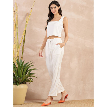 First Resort by Ramola Bachchan White Herringbone Straight Trouser
