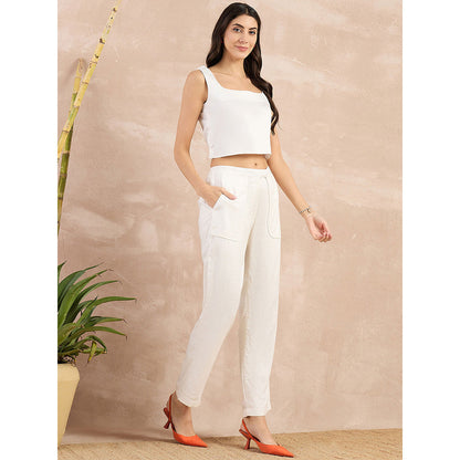 First Resort by Ramola Bachchan White Herringbone Straight Trouser