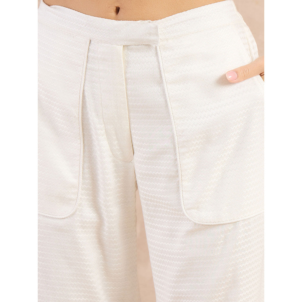 First Resort by Ramola Bachchan White Herringbone Straight Trouser