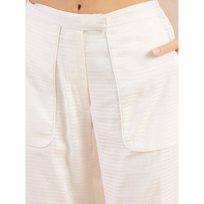 First Resort by Ramola Bachchan White Herringbone Straight Trouser