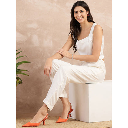 First Resort by Ramola Bachchan White Herringbone Straight Trouser