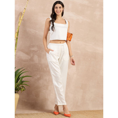 First Resort by Ramola Bachchan White Herringbone Straight Trouser