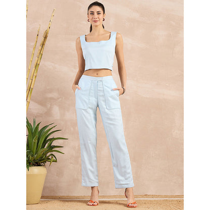 First Resort by Ramola Bachchan Sky Blue Herringbone Straight Trouser