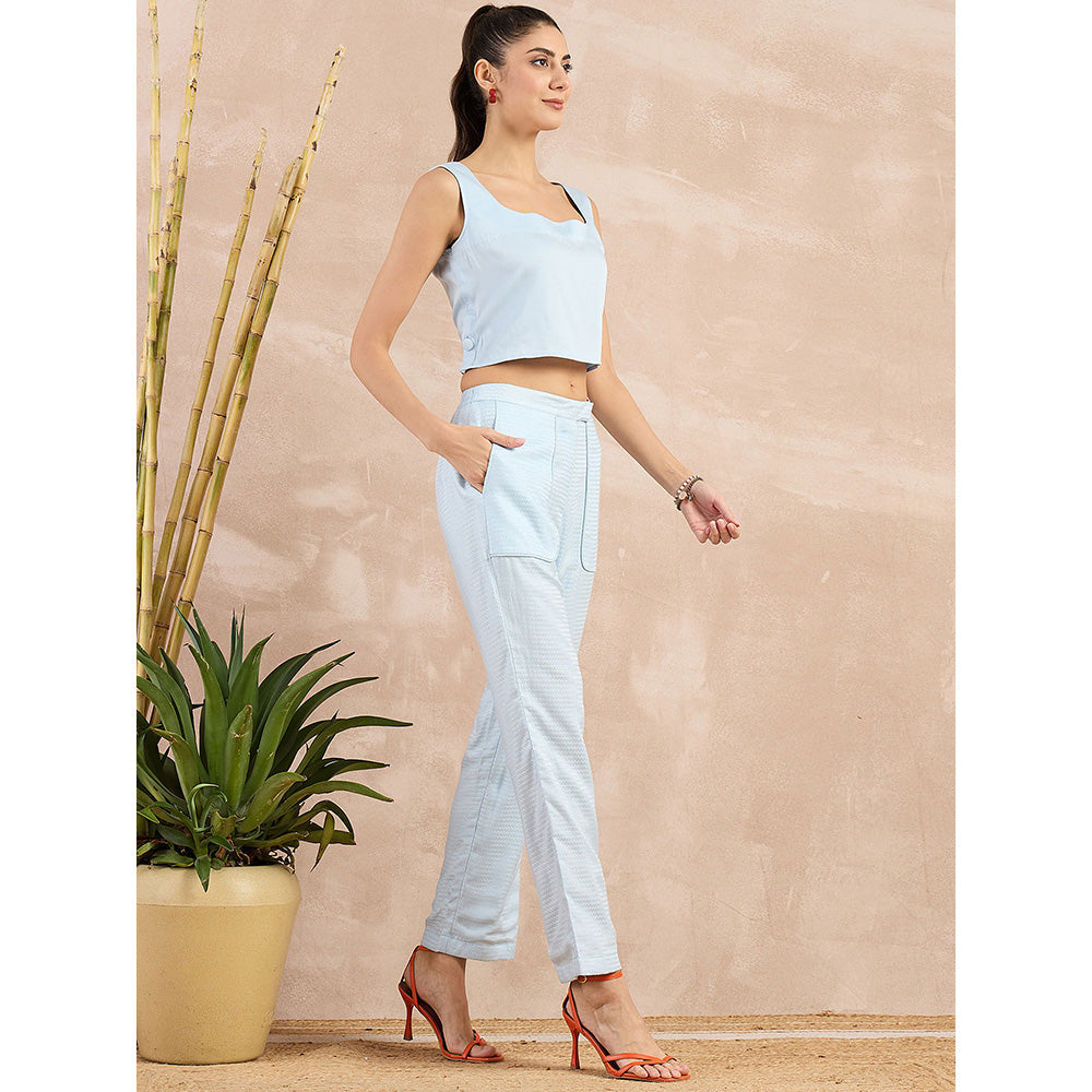 First Resort by Ramola Bachchan Sky Blue Herringbone Straight Trouser