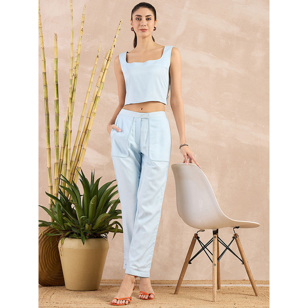 First Resort by Ramola Bachchan Sky Blue Herringbone Straight Trouser