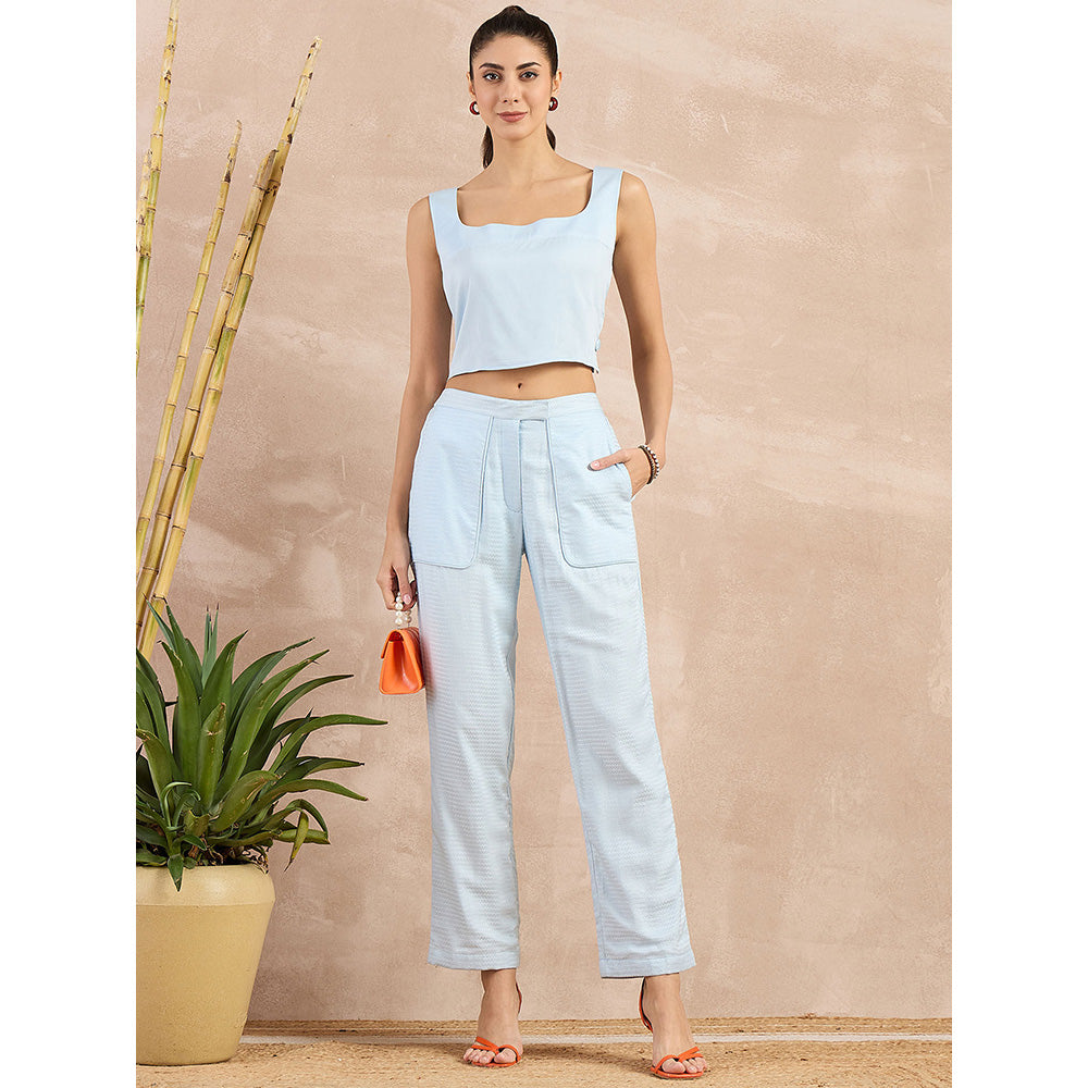 First Resort by Ramola Bachchan Sky Blue Herringbone Straight Trouser