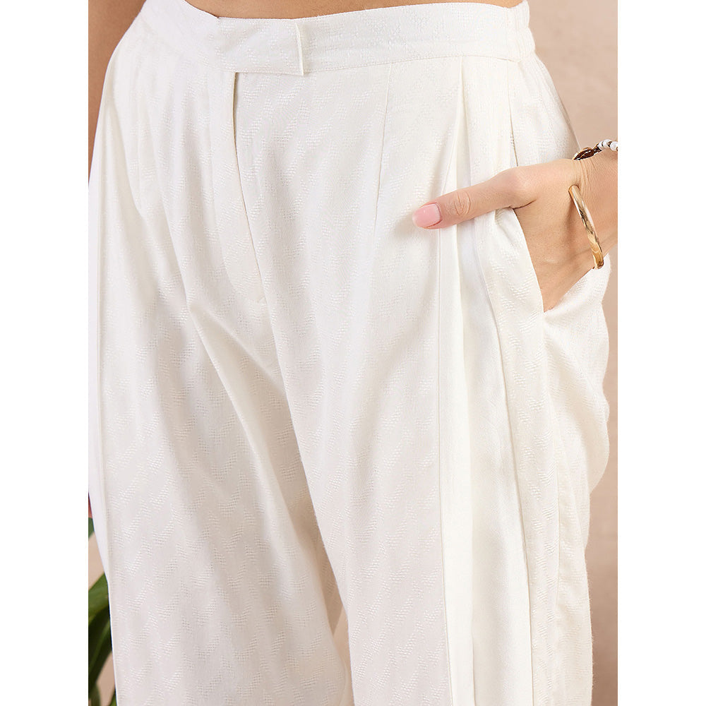 First Resort by Ramola Bachchan White Herringbone Narrow Trouser