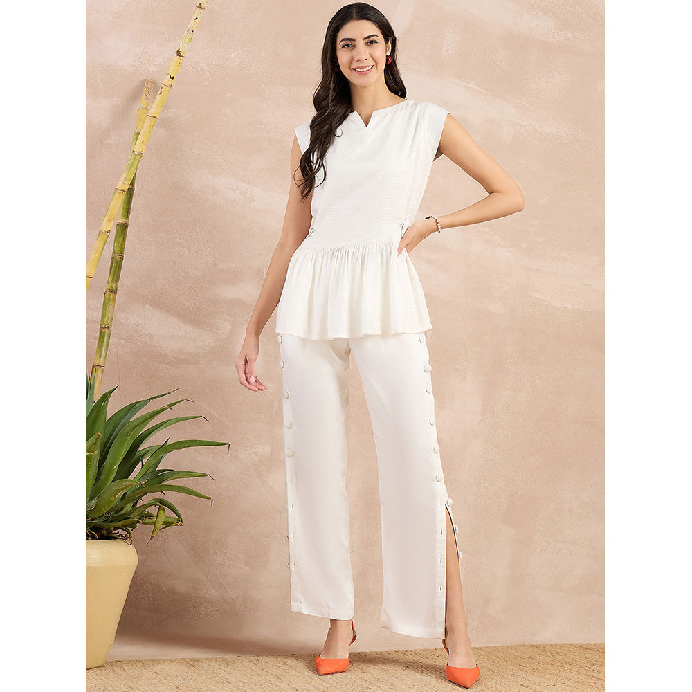 First Resort by Ramola Bachchan White Peplum Top with Button Down Straight Pant (Set of 2)