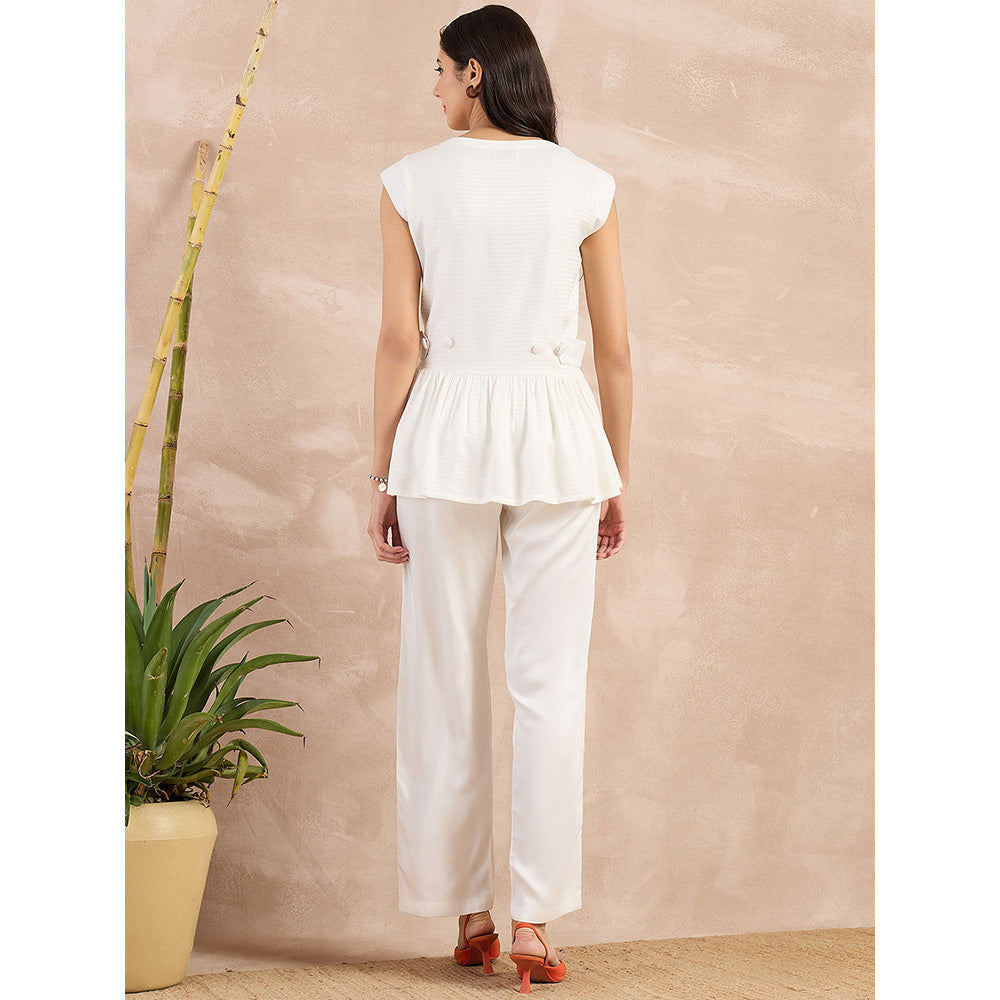 First Resort by Ramola Bachchan White Peplum Top with Button Down Straight Pant (Set of 2)