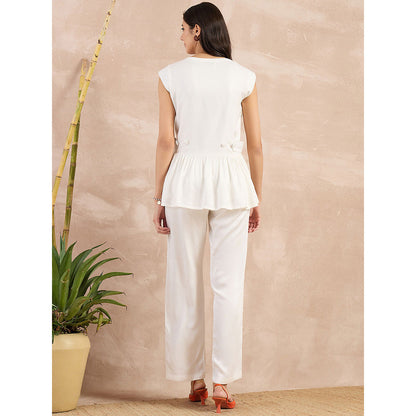 First Resort by Ramola Bachchan White Peplum Top with Button Down Straight Pant (Set of 2)