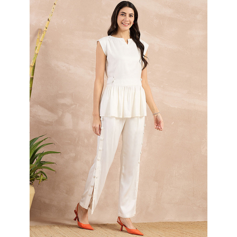 First Resort by Ramola Bachchan White Peplum Top with Button Down Straight Pant (Set of 2)