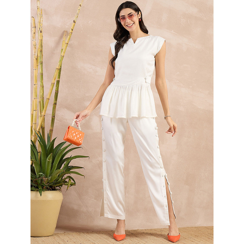 First Resort by Ramola Bachchan White Peplum Top with Button Down Straight Pant (Set of 2)