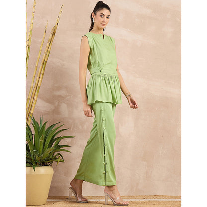 First Resort by Ramola Bachchan Pastel Green Peplum Top with Straight Pant (Set of 2)
