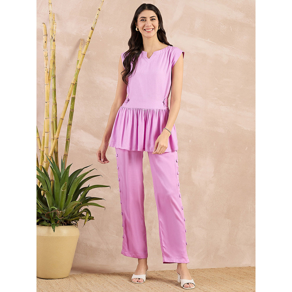 First Resort by Ramola Bachchan Purple Peplum Top with Button Down Straight Pant (Set of 2)