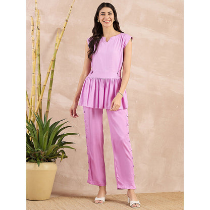First Resort by Ramola Bachchan Purple Peplum Top with Button Down Straight Pant (Set of 2)