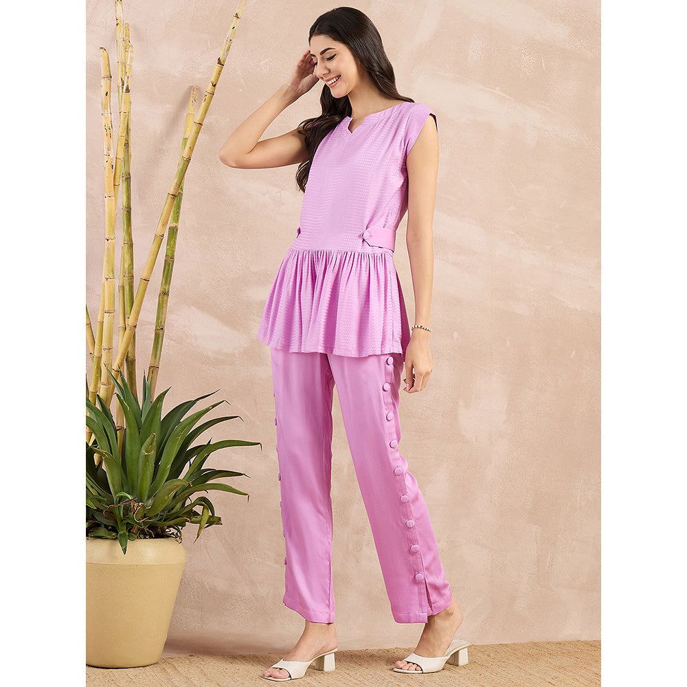 First Resort by Ramola Bachchan Purple Peplum Top with Button Down Straight Pant (Set of 2)