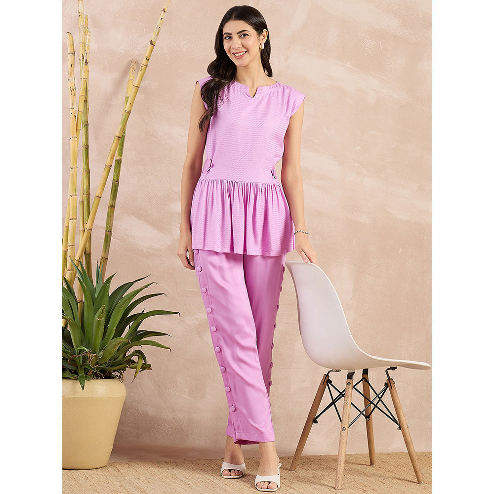 First Resort by Ramola Bachchan Purple Peplum Top with Button Down Straight Pant (Set of 2)