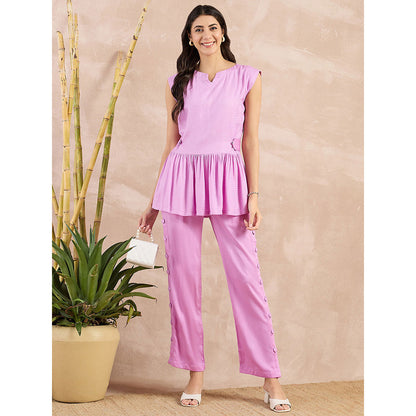 First Resort by Ramola Bachchan Purple Peplum Top with Button Down Straight Pant (Set of 2)
