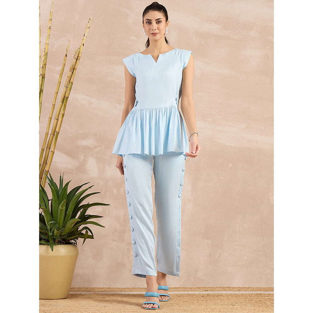 First Resort by Ramola Bachchan Sky Blue Peplum Top with Button Down Straight Pant (Set of 2)