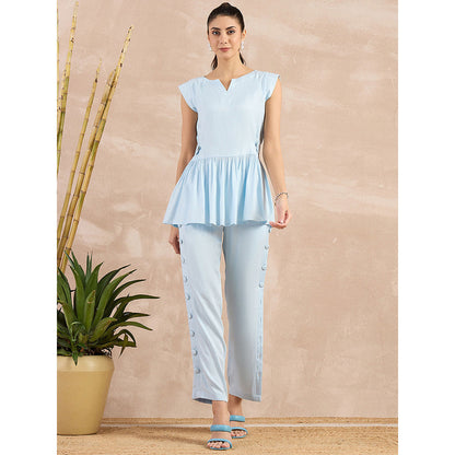 First Resort by Ramola Bachchan Sky Blue Peplum Top with Button Down Straight Pant (Set of 2)