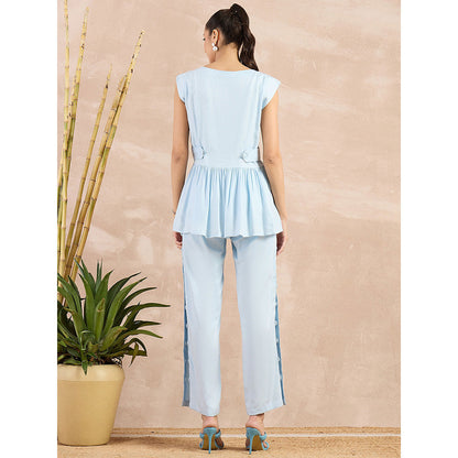First Resort by Ramola Bachchan Sky Blue Peplum Top with Button Down Straight Pant (Set of 2)