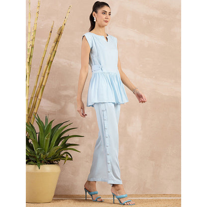 First Resort by Ramola Bachchan Sky Blue Peplum Top with Button Down Straight Pant (Set of 2)