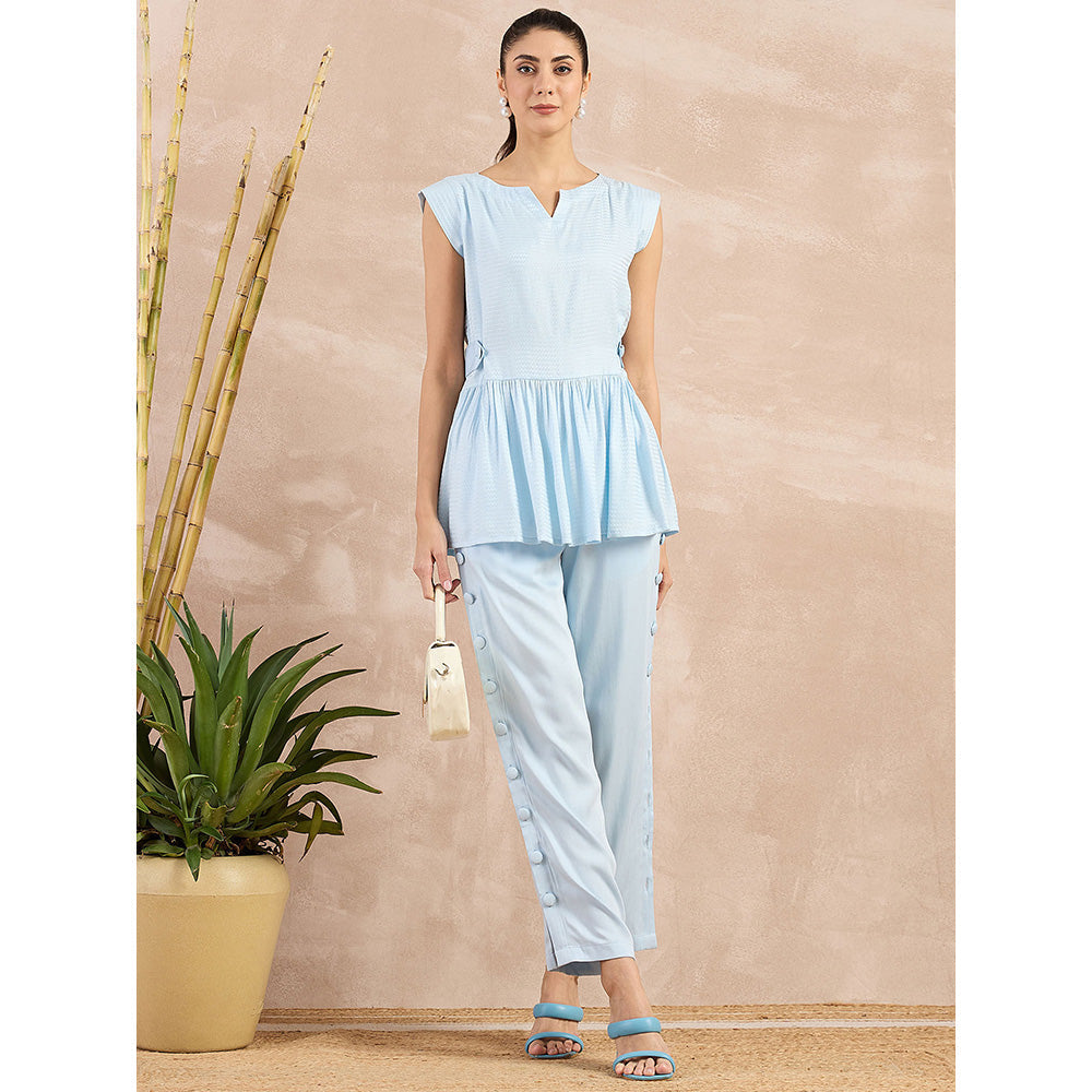 First Resort by Ramola Bachchan Sky Blue Peplum Top with Button Down Straight Pant (Set of 2)