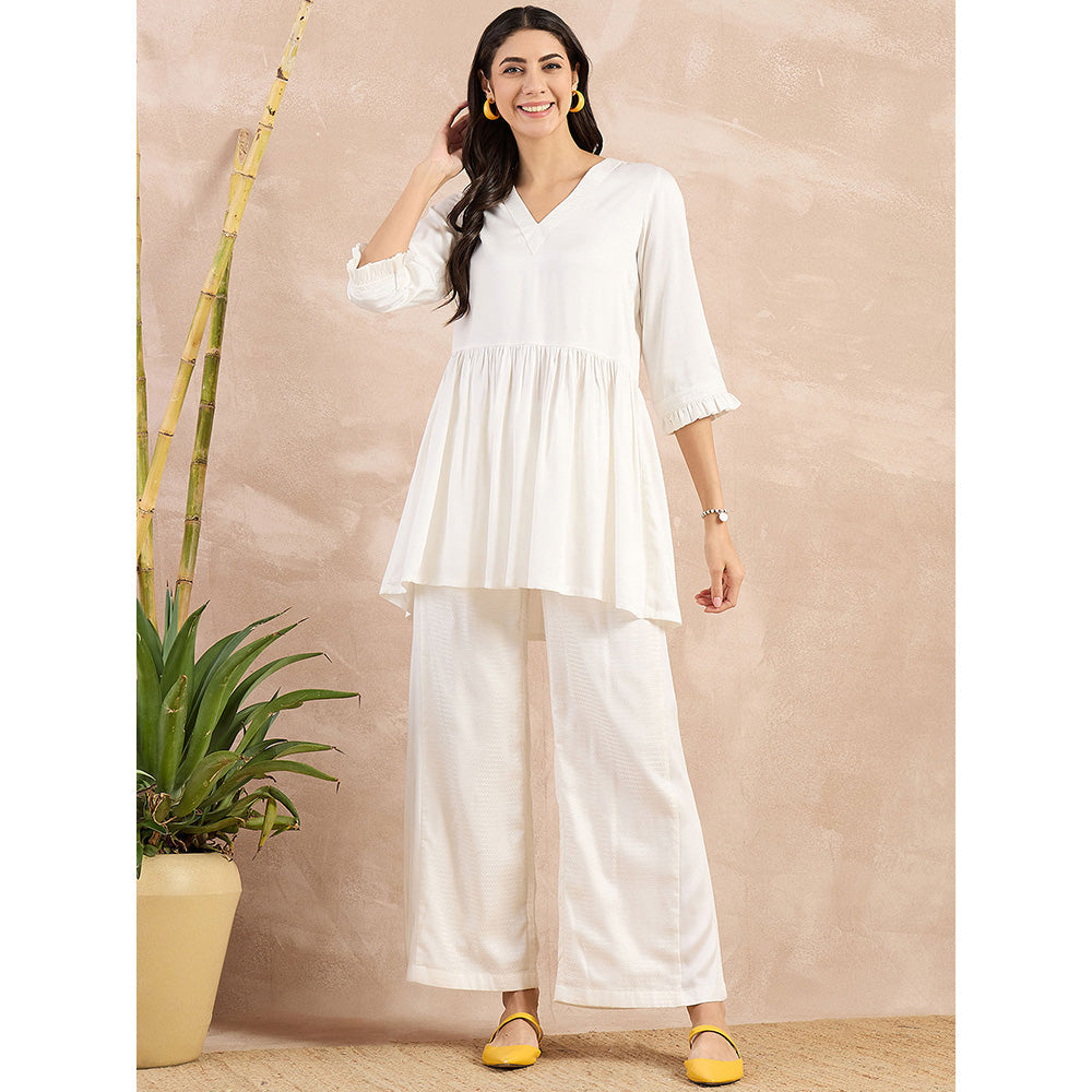First Resort by Ramola Bachchan White V-Neck Peplum Top with Flared Trouser (Set of 2)