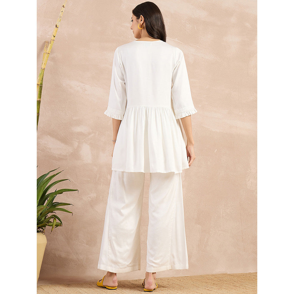 First Resort by Ramola Bachchan White V-Neck Peplum Top with Flared Trouser (Set of 2)