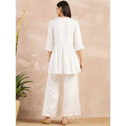 First Resort by Ramola Bachchan White V-Neck Peplum Top with Flared Trouser (Set of 2)