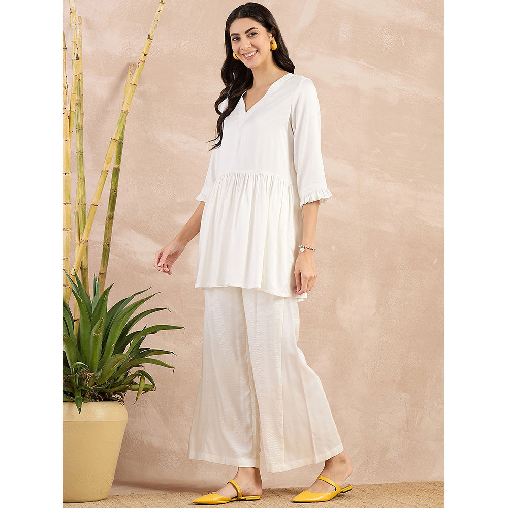 First Resort by Ramola Bachchan White V-Neck Peplum Top with Flared Trouser (Set of 2)